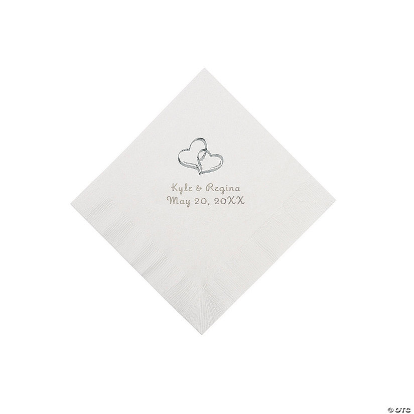 White Two Hearts Personalized Napkins with Silver Foil - Beverage Image Thumbnail
