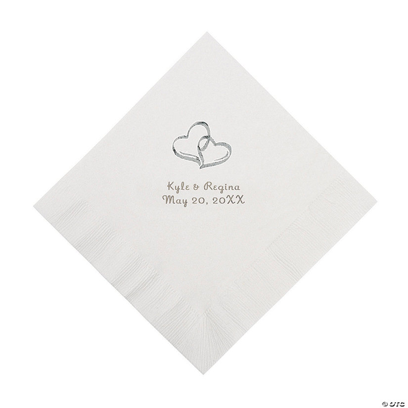 White Two Hearts Personalized Napkins with Silver Foil - Luncheon Image
