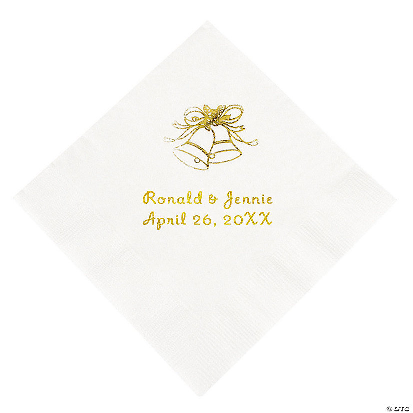 White Wedding Bells Personalized Napkins with Gold Foil - Beverage Image