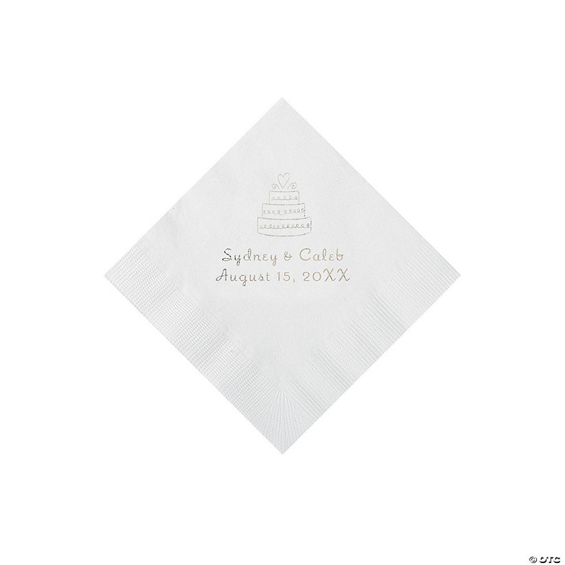 White Wedding Cake Personalized Napkins with Silver Foil - 50 Pc. Beverage Image