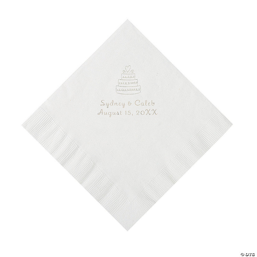 White Wedding Cake Personalized Napkins with Silver Foil - 50 Pc. Luncheon Image