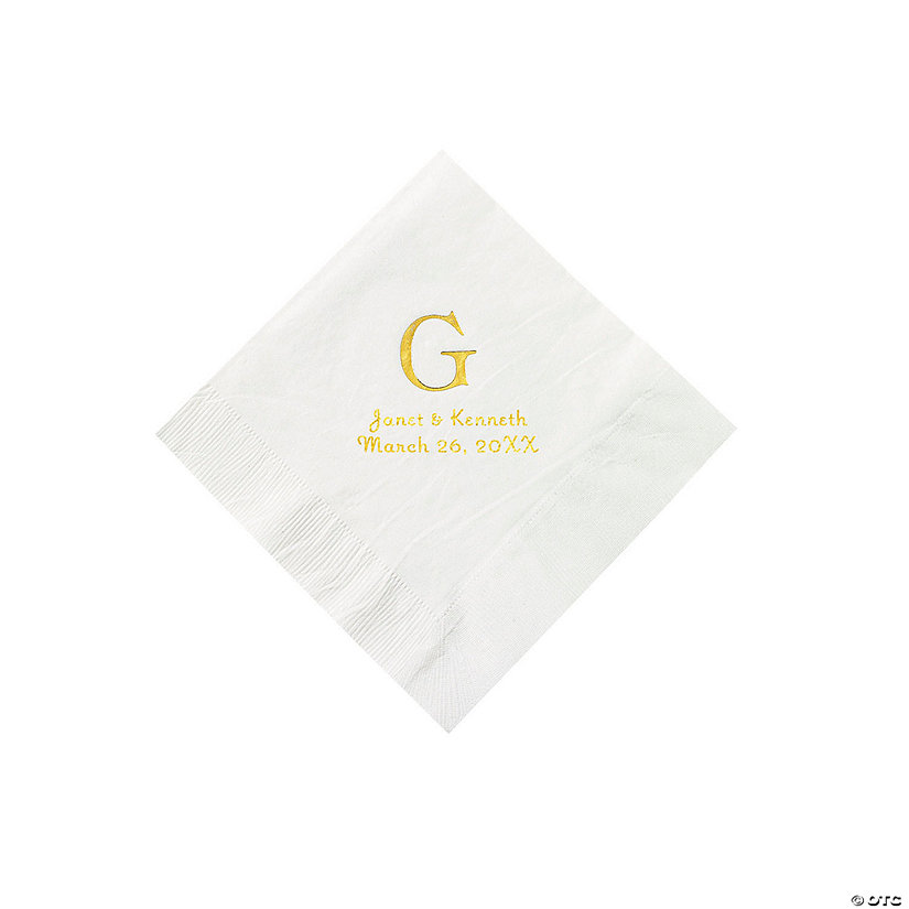 White Wedding Monogram Personalized Napkins with Gold Foil - Beverage Image