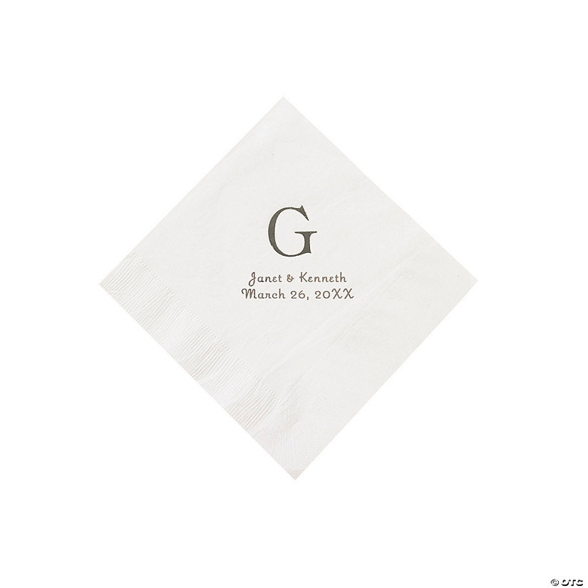 White Wedding Monogram Personalized Napkins with Silver Foil - Beverage Image Thumbnail