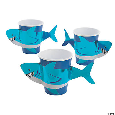 9 oz. Shark Party Blue Disposable Paper Cups with Metallic Sleeves - 8 Ct.