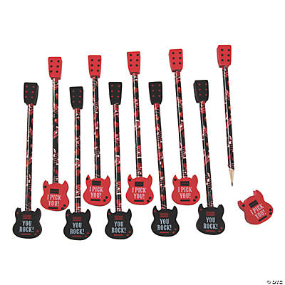 Valentine Guitar Pencils with Erasers - 24 Pc.