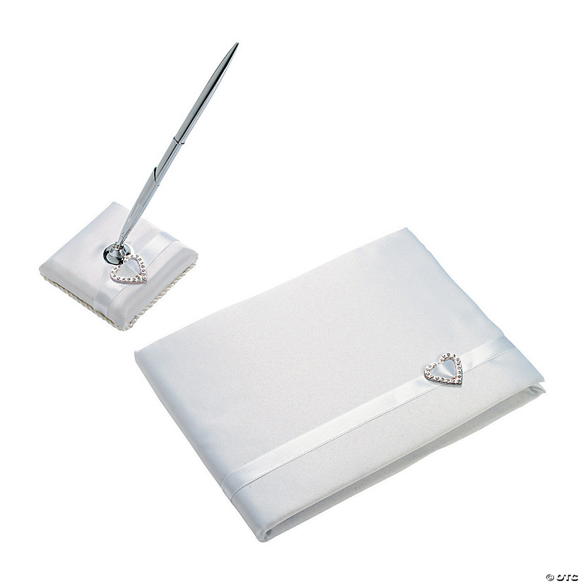 White Wedding Guest Book & Pen Set with Heart Buckle - 2 Pc. | Oriental  Trading