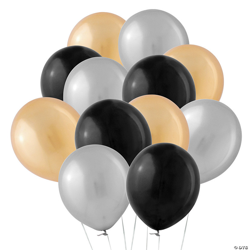 6 pk Happy New Year Party Latex 11 inch Balloons Black Gold & Silver 