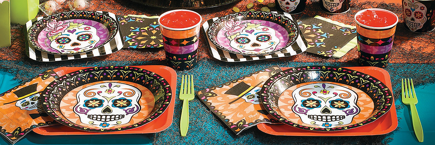 BANNER HALLOWEEN PARTY SUPPLIES NAPKINS DAY OF THE DEAD DECORATIONS PLATES 