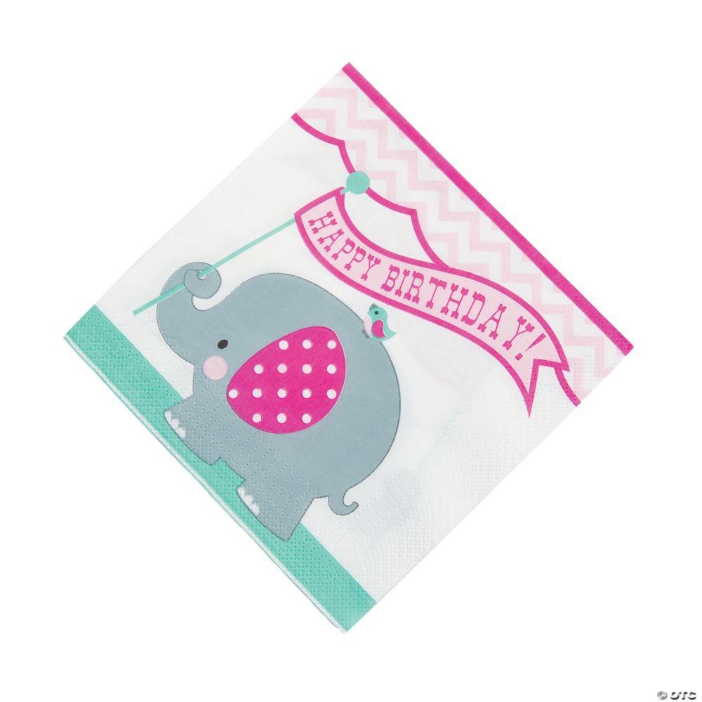 16 Pc 65 1st Birthday Pink Elephant Luncheon Napkins