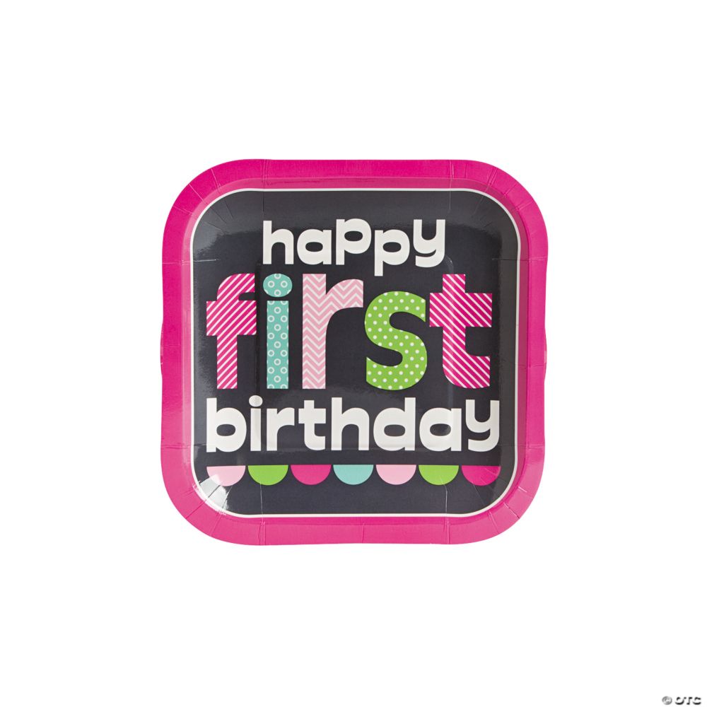 8 Pc 7 1st Birthday Party Pink Chalkboard Square Paper Dessert Plates