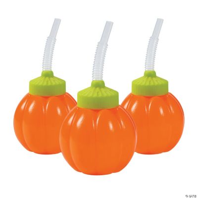 Halloween Cups - 12 Plastic Lids Straws Pumpkin School Harvest Party  Supplies