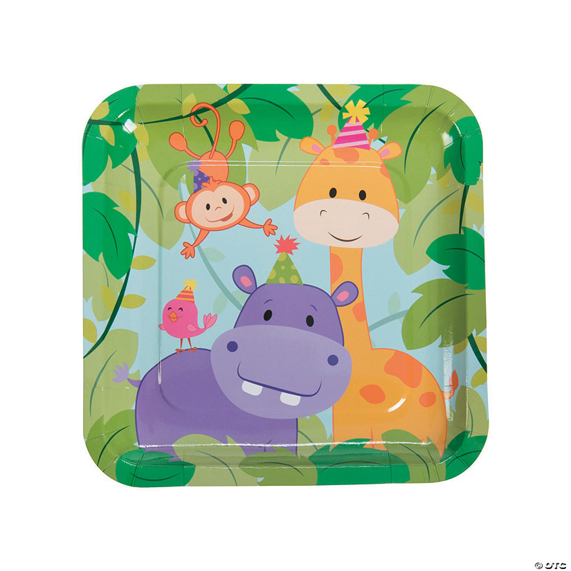 1st Birthday Party Zoo Animals Square Paper Dinner Plates - 8 Ct. |  Oriental Trading