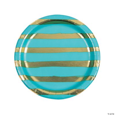 Bermuda Blue And Gold Foil Striped Paper Dinner Plates 8 Ct Oriental Trading