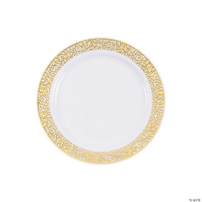 Premium Gold White Lace Plastic Dessert Plates | Oriental Trading