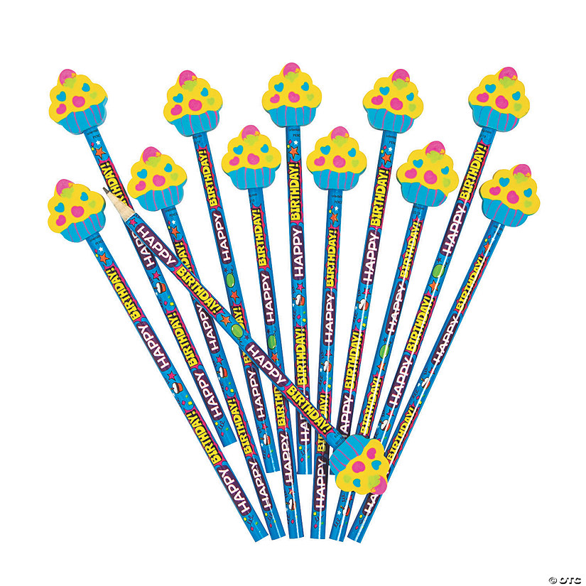 Happy Birthday Pencils with Cupcake Pencil Top Erasers - 12 Pc.