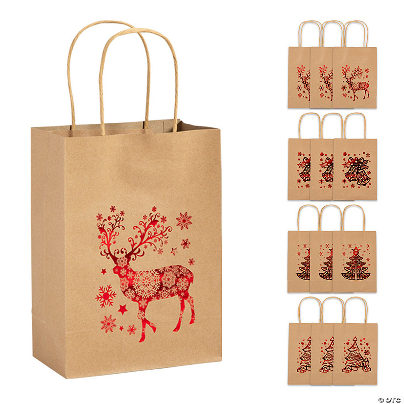 Medium Metallic Holiday Kraft Paper Gift Bags | Oriental Trading