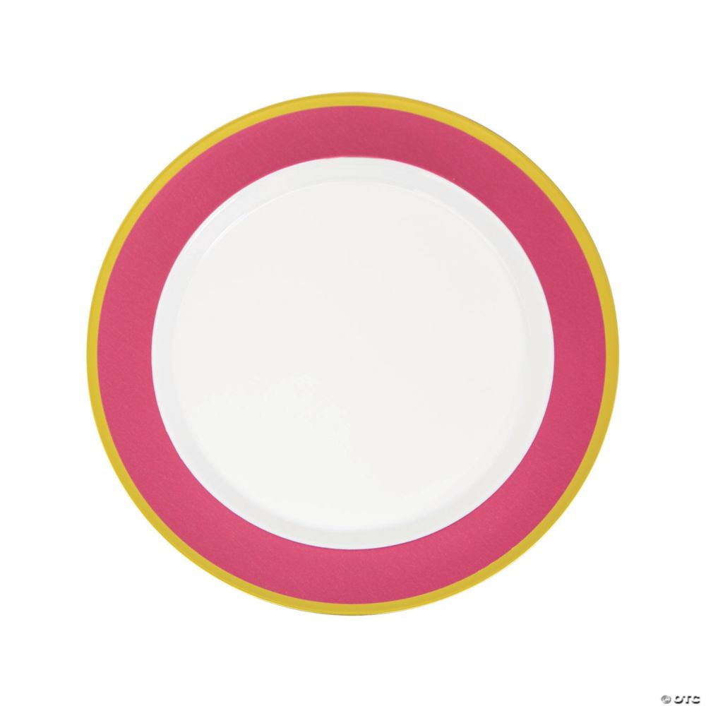 10 Pc 10 Premium Light Pink White Plastic Dinner Plates with Gold Border