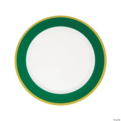 Green & White Premium Plastic Dinner Plates with Gold Border Oriental Trading