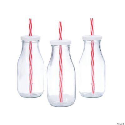 Estilo Dairy Reusable Glass Milk Clear Bottles With Straws And Metal Screw  On Lids, 10.5 oz, Set of 6, 