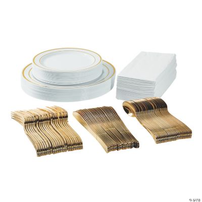 Premium White & Gold Plastic Tableware Kit for 24 Guests Oriental Trading