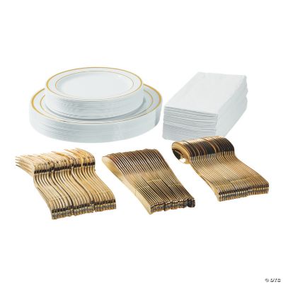 175 PCS Gold Plastic Disposable Dinnerware Set 25 Guests – By Madee