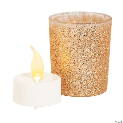 Champagne Glitter Glass Votive Candle Holders with Tea Light Candles - 24 Pc. | Oriental Trading