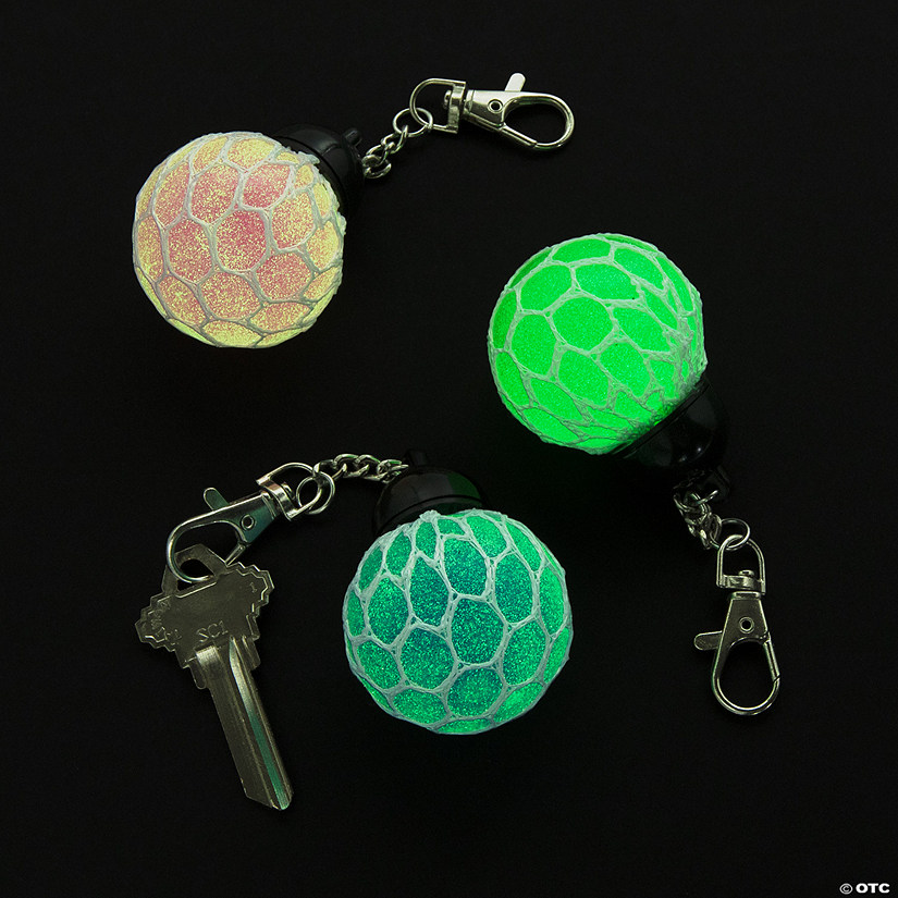Glow-in-the-Dark Mesh-Covered Squeeze Ball Backpack Clips - 12 Pc
