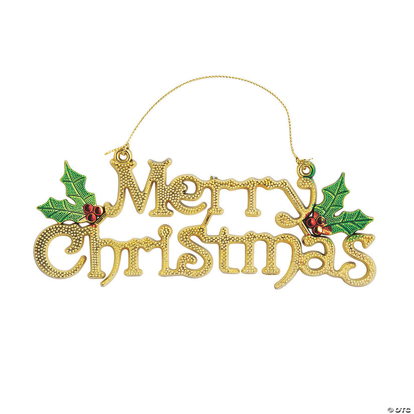 Merry Christmas Sign with Holly Plastic Ornaments - 12 Pc. - Discontinued