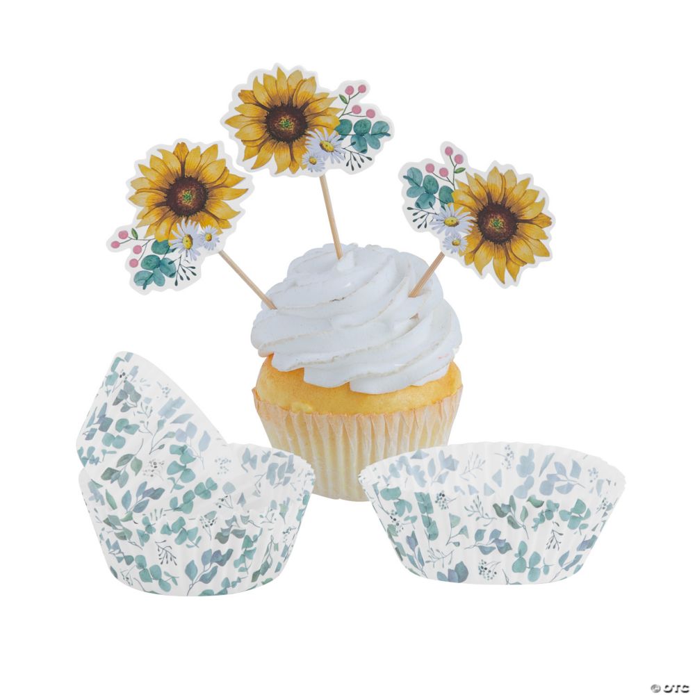 100 Pc 4 Bulk Sunflower Party Cupcake Wrappers with Picks