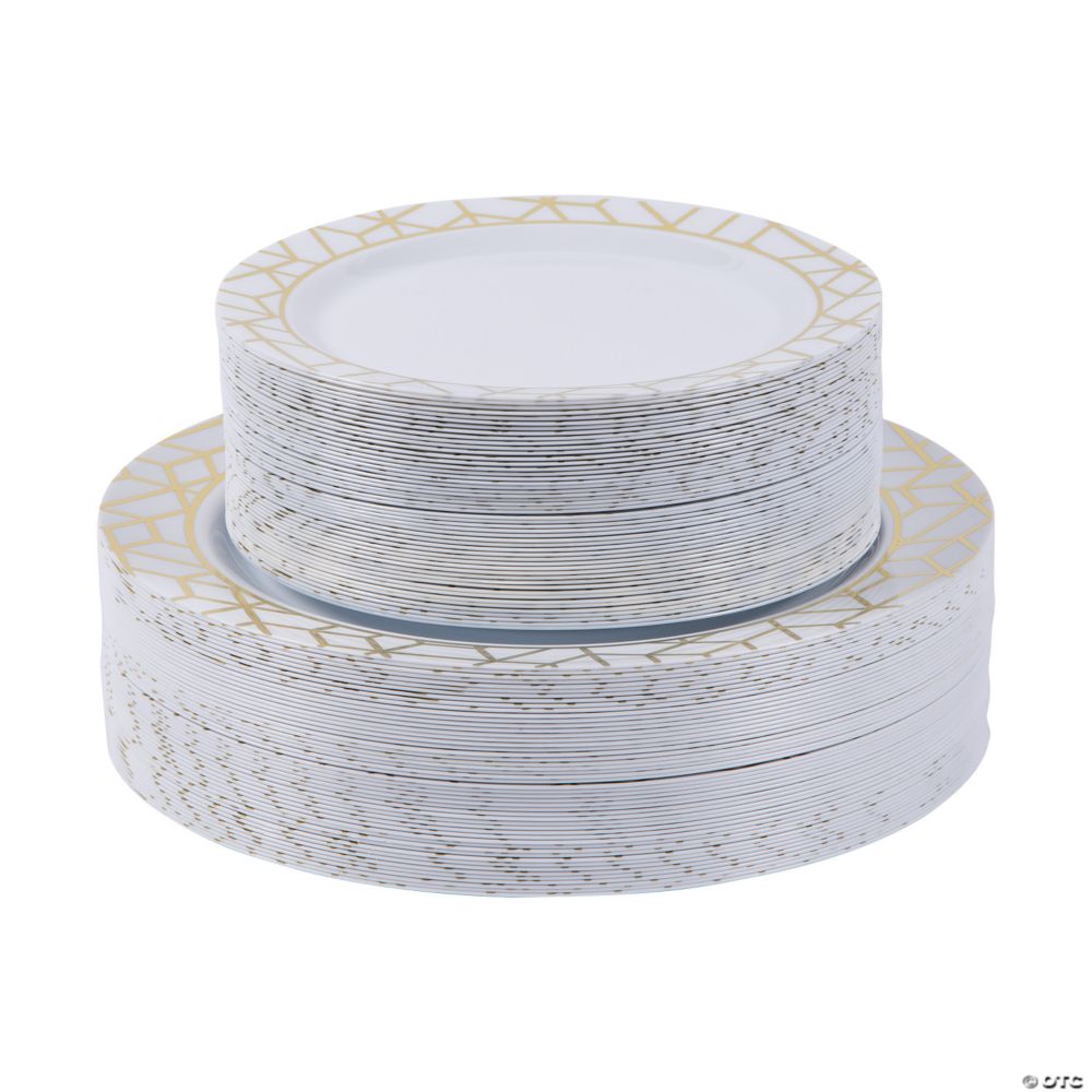100 Pc Bulk Premium White Plastic Plates with Gold Geometric Trim