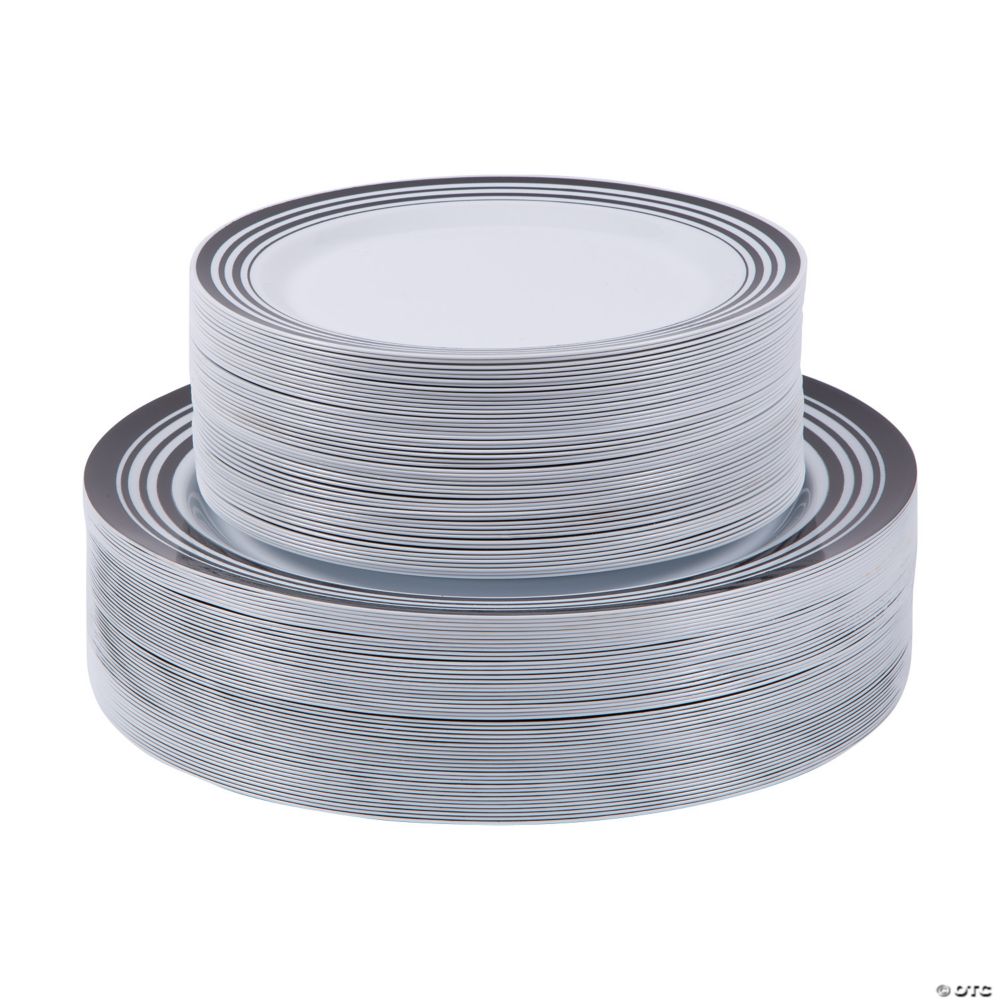 100 Pc Bulk Premium White Plastic Plates with Black White Trim