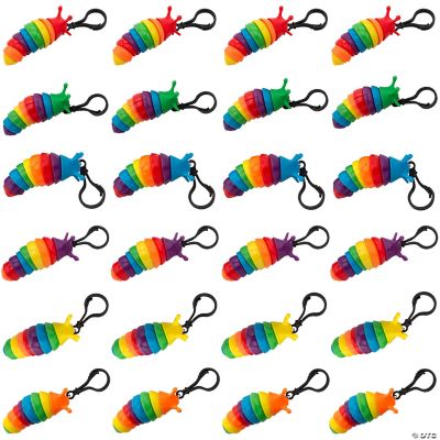 Rainbow Fidget Slug Keychains - Pack Of 12 Assorted Color Stress Relief Toys For Kids & Adults