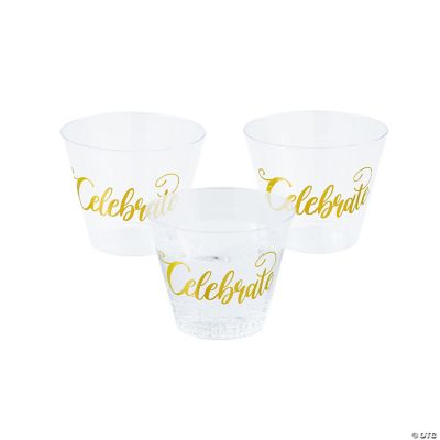 100 Gold Plastic Cups 14 Oz Gold Glitter with a Gold Rim - Premium