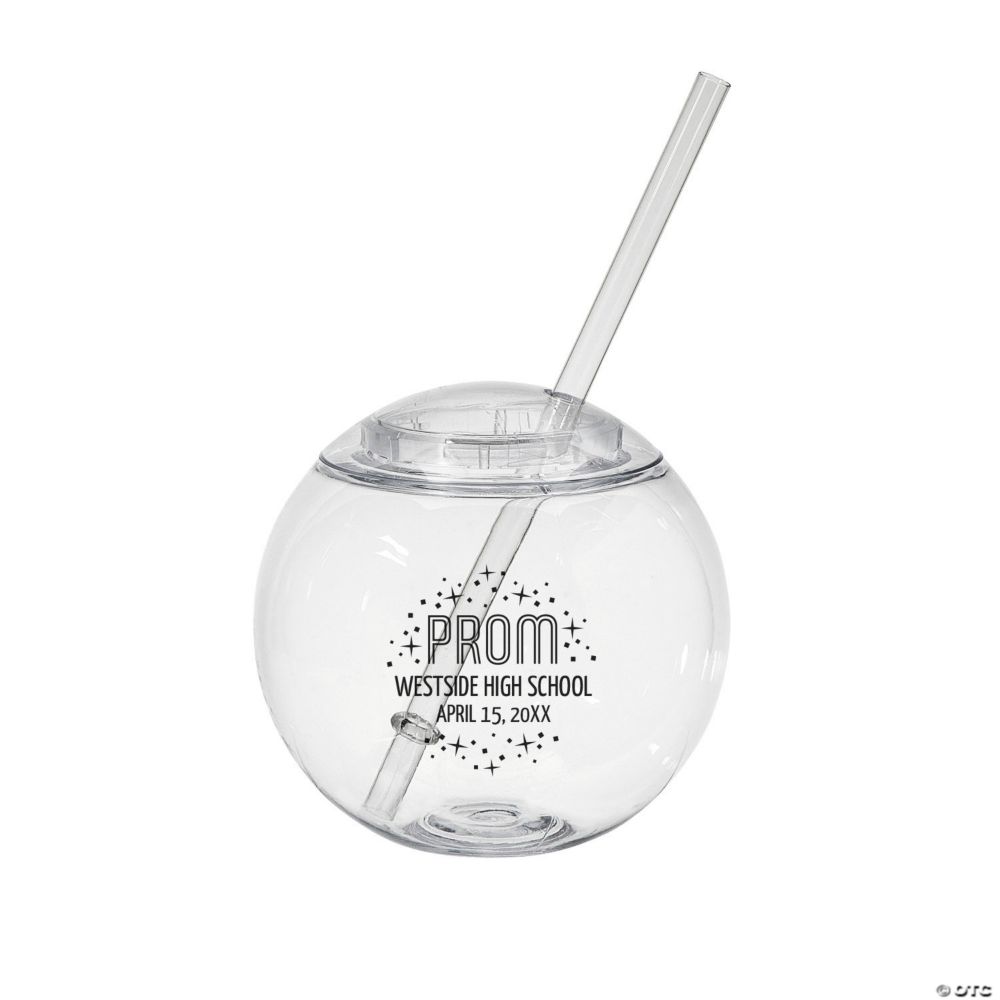 Personalized Prom Clear Round Cups with Lids & Straws - 25 Pc.