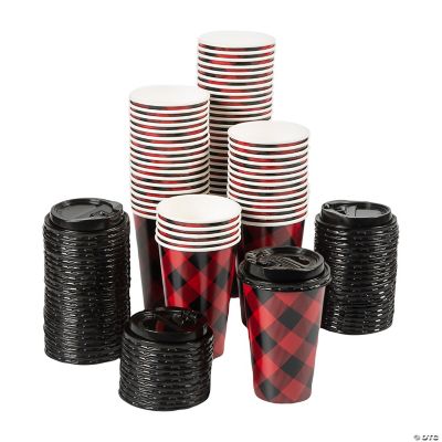 Bulk Buffalo Plaid Red & Black Paper Coffee Cups with Lids 60 Pc