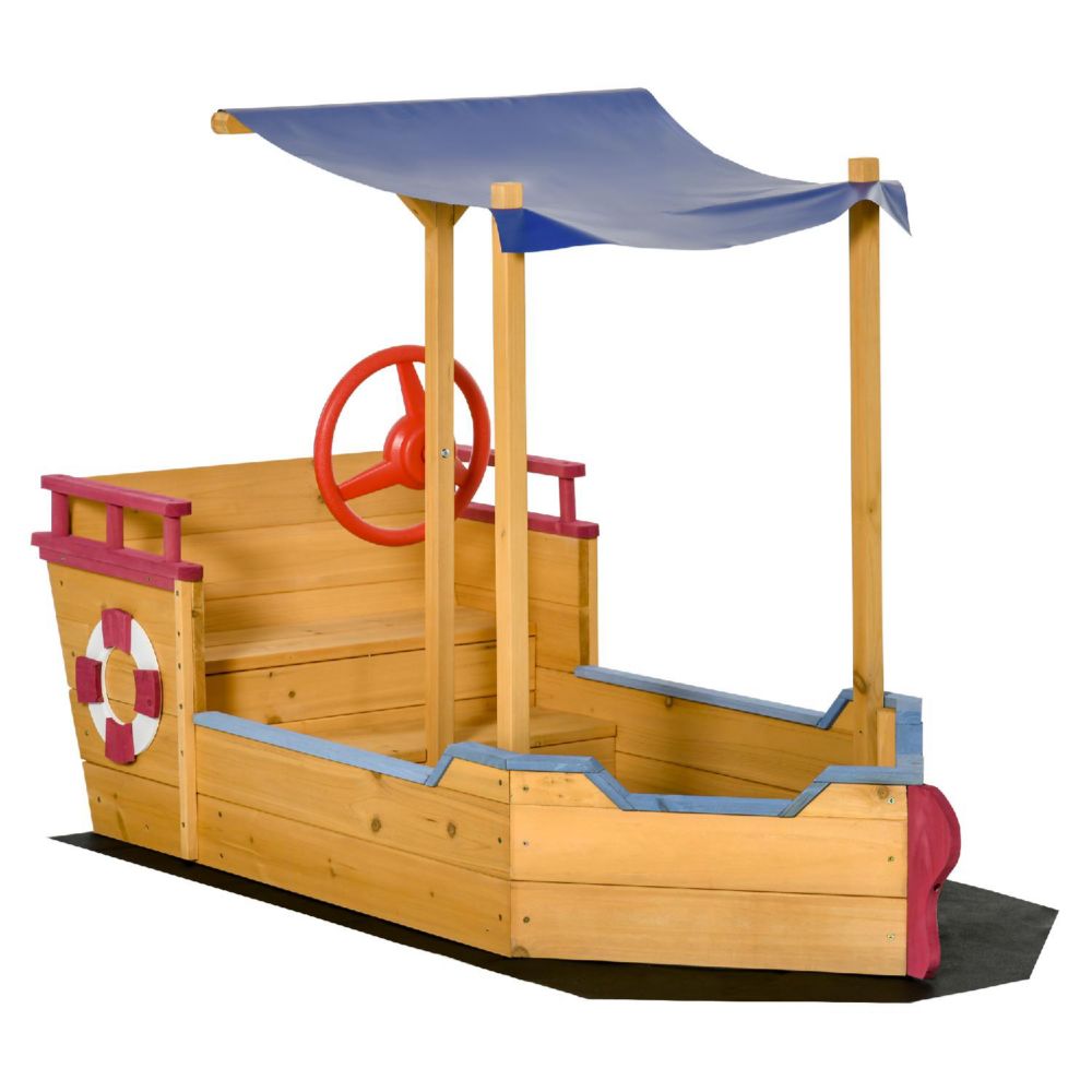 Wooden Boat Sandbox with Canopy Shade and Storage Bench