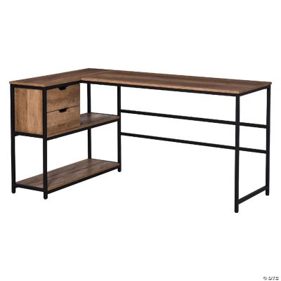 L Shaped Home Offie Computer Desk with Storage Shelves 2 Dawers and Industrial Steel