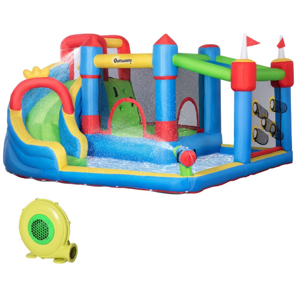 Outsunny 5 in 1 Kids Inflatable Bounce Castle Theme Jumping Castle Includes Slide Trampoline Pool Water Gun Climbing Wall with I