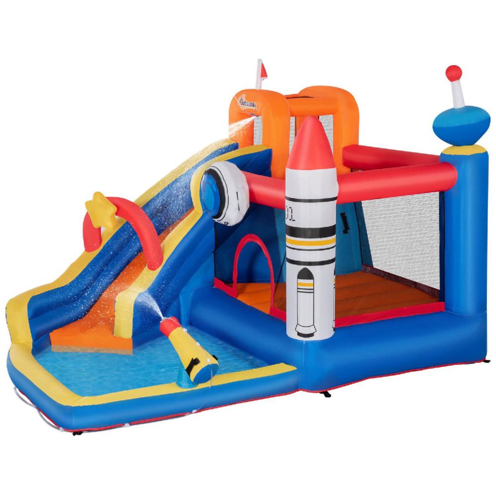Outsunny 5 in 1 Kids Inflatable Bounce House Space Theme Jumping Castle Includes Slide Trampoline Pool Water Gun Climbing Wall w