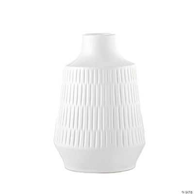 Benzara, 8" Matte White Haley Round Ceramic Vase with Debossed Lines