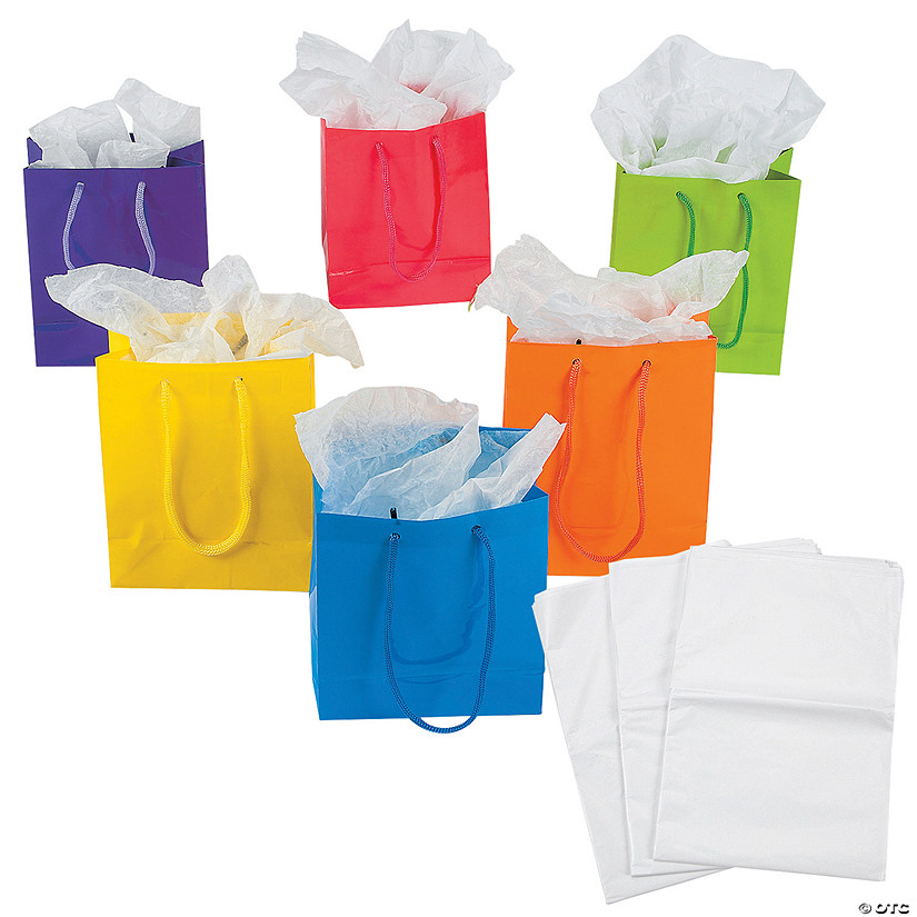 4 3/8 x 5 1/2 Small Neon Gift Bags with Tissue Paper Kit for 12