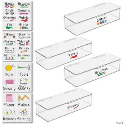 mDesign Stackable Plastic Craft, Sewing Storage Box, 4 Pack + 32 Labels Clear