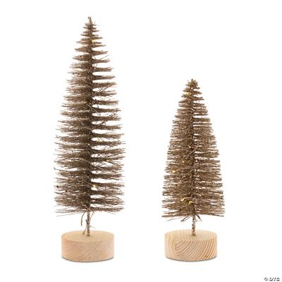 Set of 2 LED Pre-Lit Gold Mini Bottle Brush Pine Christmas Village Trees