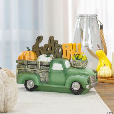11.25" Green Truck "Hello Fall" Autumn Harvest Pumpkin Tabletop Decoration