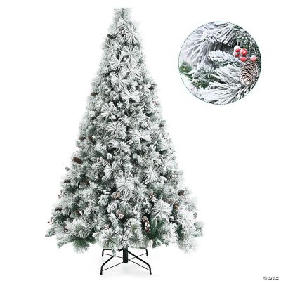 Costway 7ft Snow Flocked Christmas Tree Glitter Tips w/ Pine Cone & Red