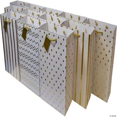 OccasionALL Gold Metallic Paper Gift Bags With Handles, Chevron, Polka