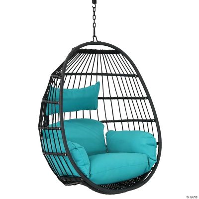 Sunnydaze Outdoor Resin Wicker Patio Dalia Hanging Basket Egg Chair with Cushions and Headrest