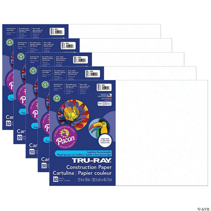 Tru-Ray Construction Paper, White, 12 x 18, 50 Sheets Per Pack, 5 Packs