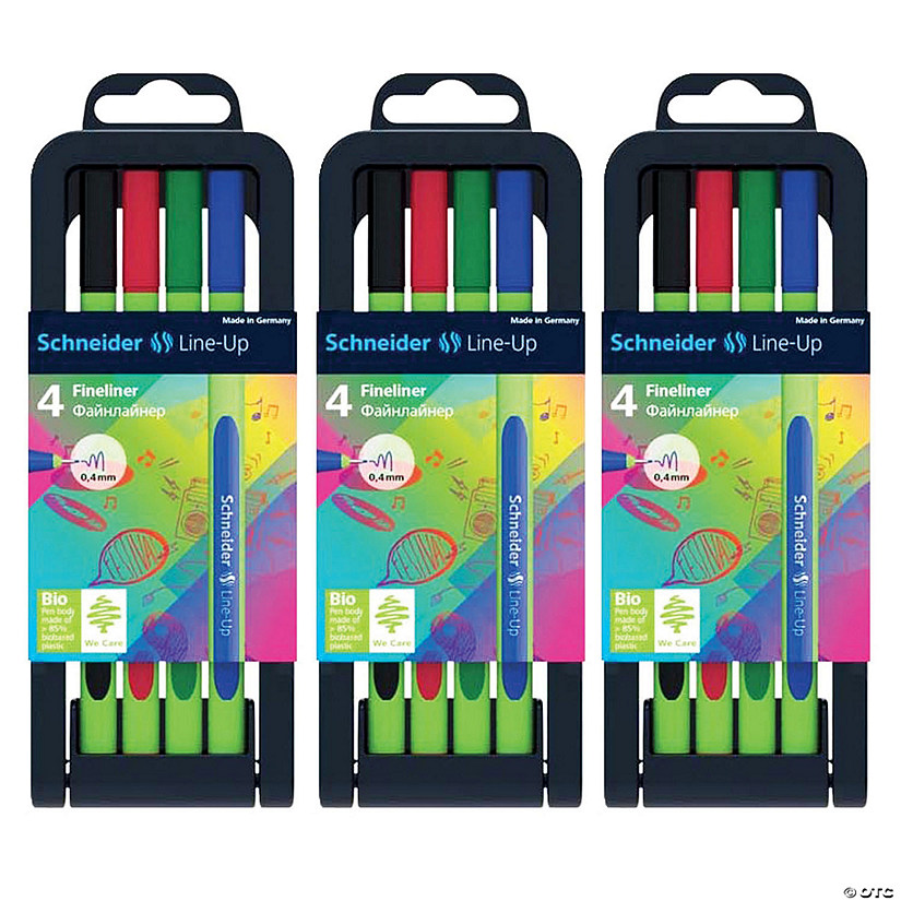 Schneider Line-Up Fineliner Pens with Case, 4 Colors, 4 Per Pack, 3 Packs