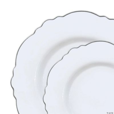 White with Silver Rim Round Blossom Disposable Plastic Dinnerware Value ...